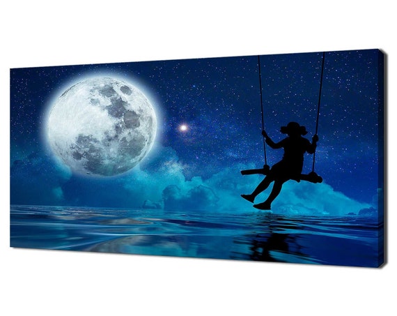 Girl Swinging On The Swing At Moonlight Moon Stars Blue Sky Modern Design Home Decor Print Wall Art Picture