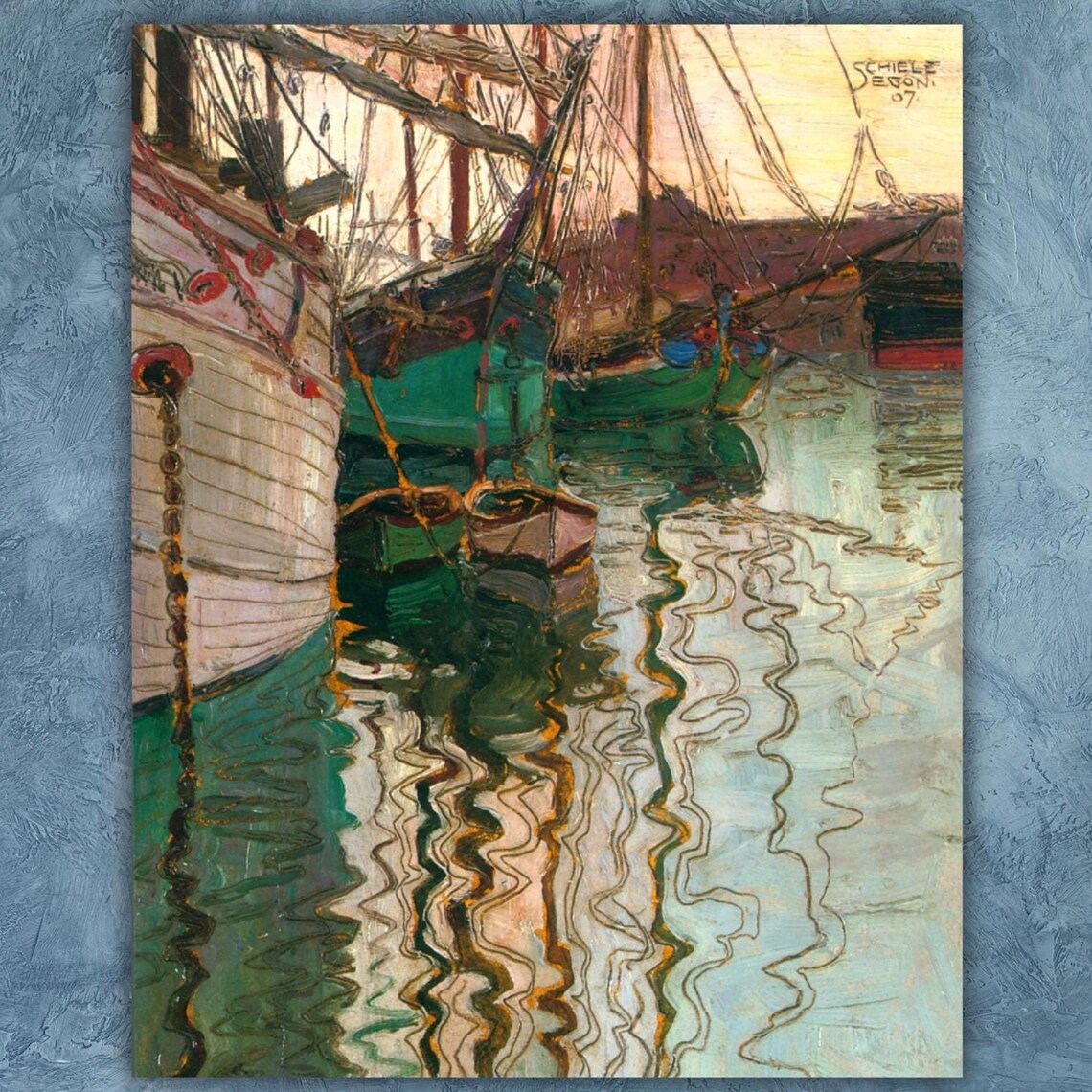 Schiele Fishing Boats in Harbor with Wavy Reflections Art Poster