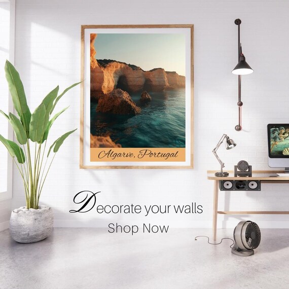Algarve Portugal Rocky Arch Turquoise Ocean Sunset Travel Poster