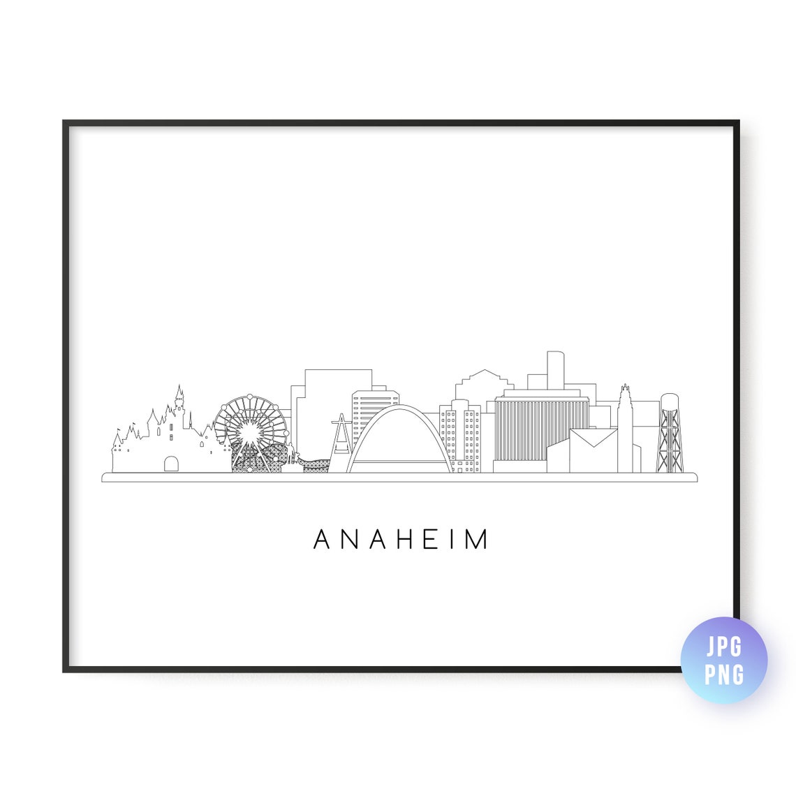 Anaheim Skyline Print City Ca Line Art Instant Wall Jpg Png