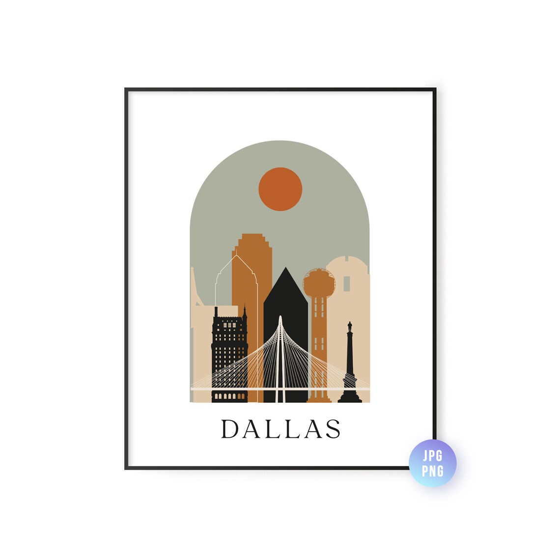 Dallas Skyline Bohemian Art Print, Mid-Century Boho