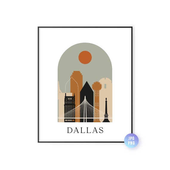 Dallas Skyline Bohemian Art Print, Mid-Century Boho