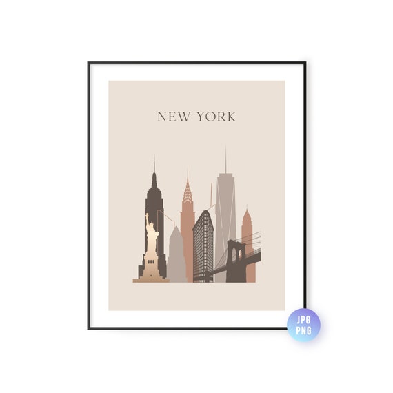 New York Skyline Print, Boho Style City Art