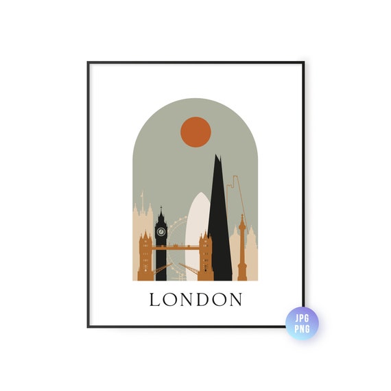 London Skyline Bohemian Print Boho Sun City Arc Mid Century Modern Decor Home Instant Jpg Png