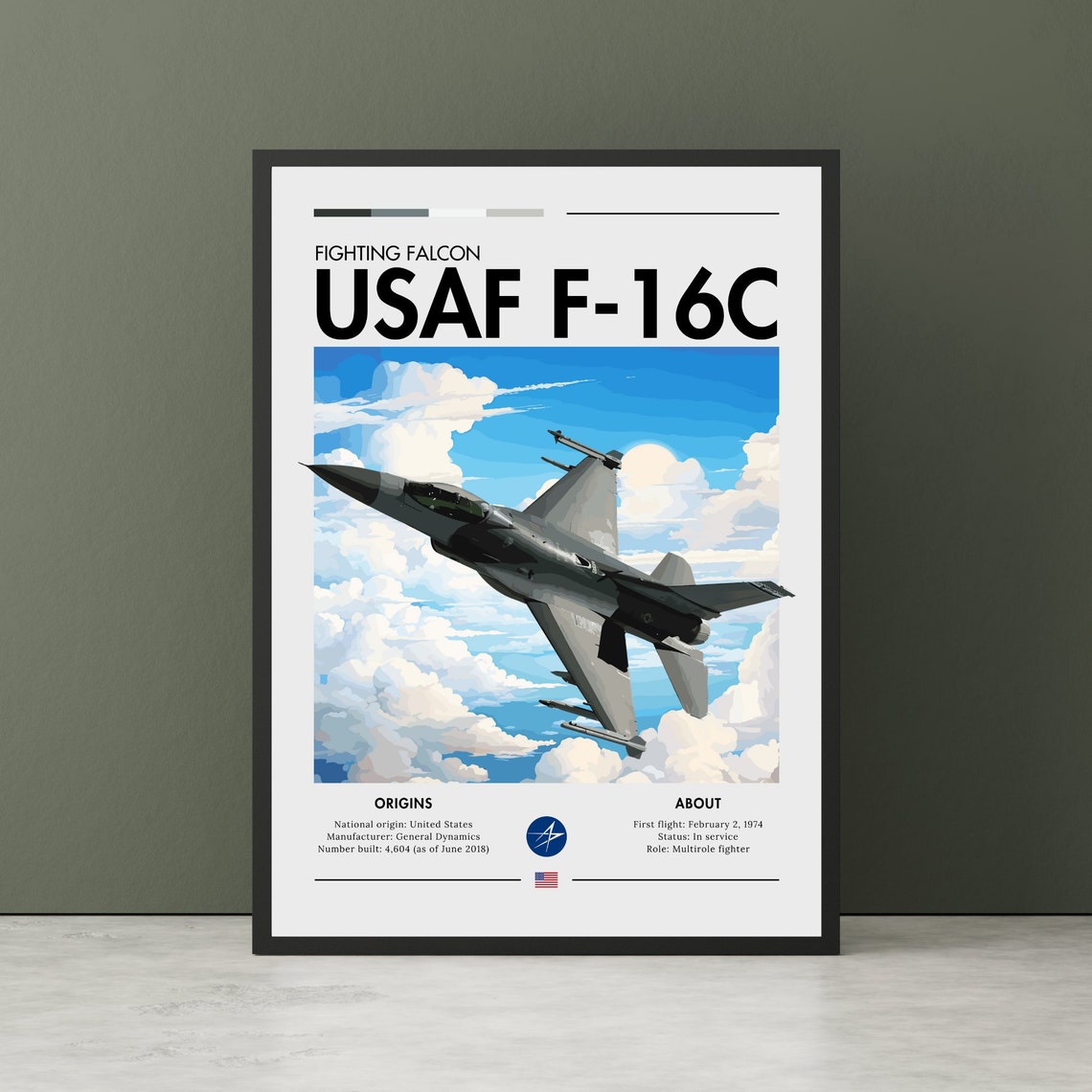 USAF F-16C Fighting Falcon Multirole Fighter Aviation Spec Poster