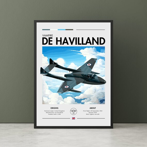 De Havilland Vampire British Twin Boom Fighter Jet Art Poster