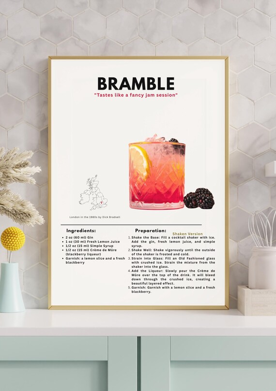 Bramble Gin Blackberry Cocktail Recipe Poster with Preparation Steps