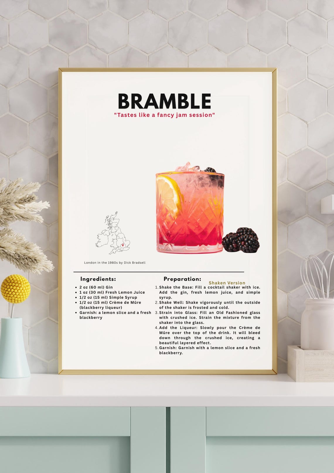 Bramble Gin Blackberry Cocktail Recipe Poster with Preparation Steps