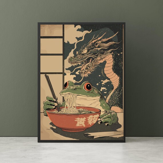 Frog Eating Ramen Matsumoto Hoji And Dragon Vintage Japanese Poster Ukiyoe Inspired Art Bowl Illustration