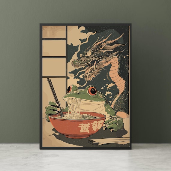 Funny Frog Eating Ramen With Dragon Japanese Woodblock Poster