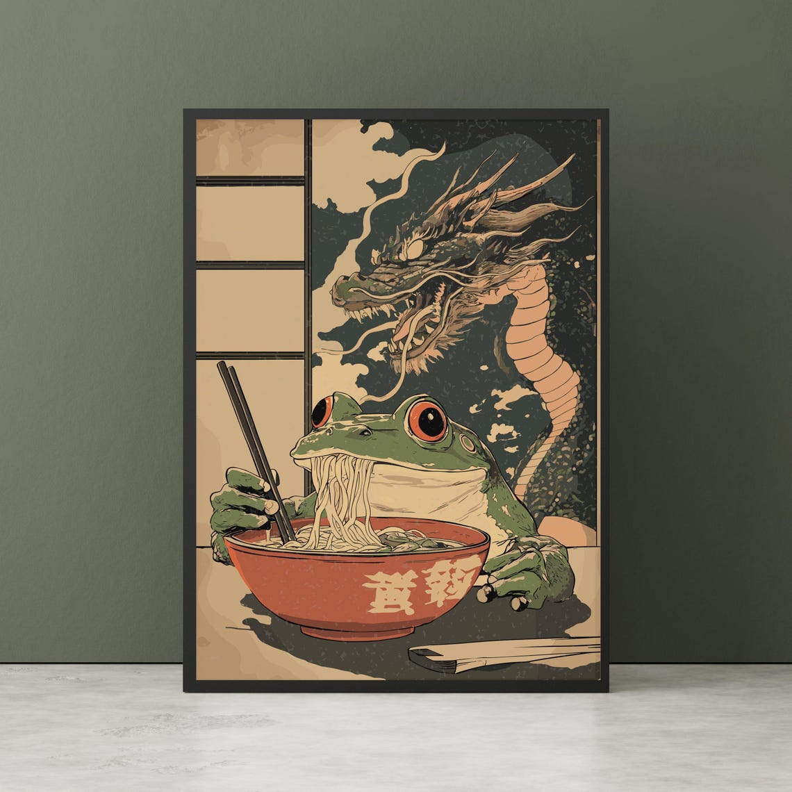 Funny Frog Eating Ramen With Dragon Japanese Woodblock Poster