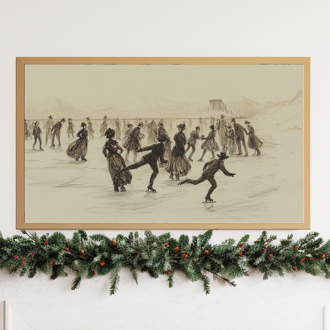 Vintage Ice Skaters Winter Rink Sketch Antique Figure Skating Poster - Image 4
