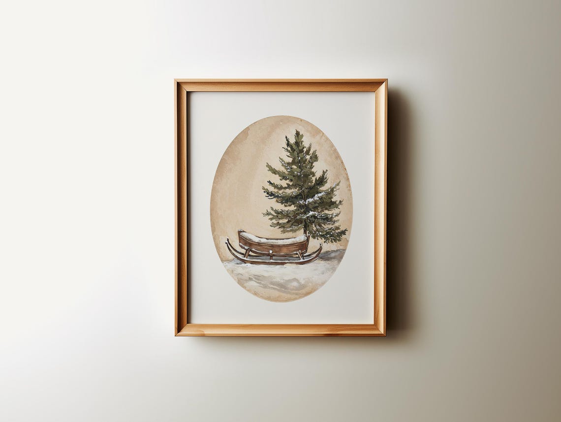 Rustic Vintage Wooden Sleigh Snow Pine Oval Christmas Art Poster - Image 3