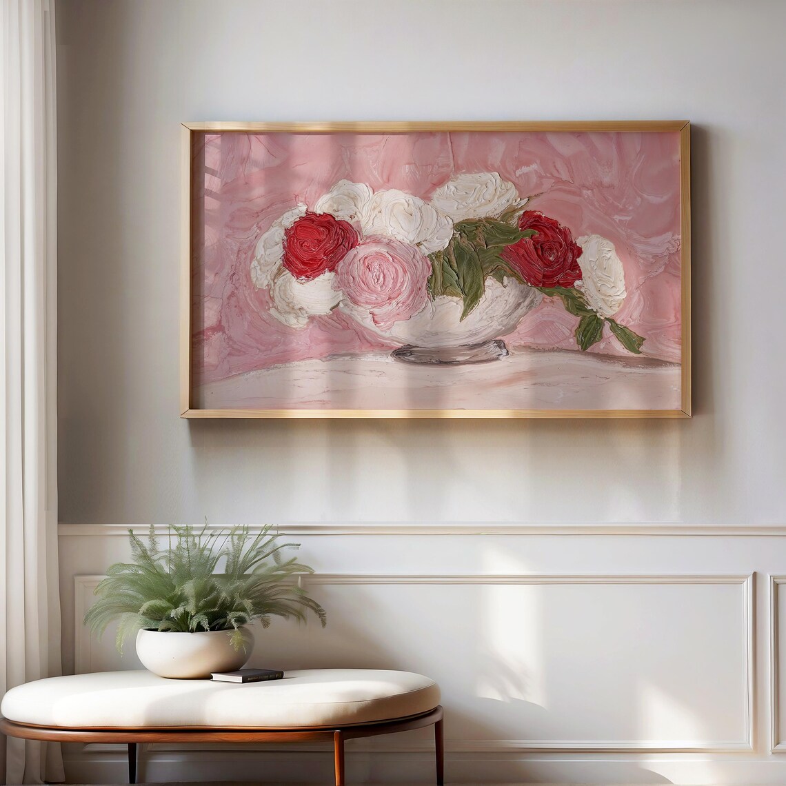 Textured Impasto Roses Bowl Pink Background Vintage Floral Oil Print - Image 2