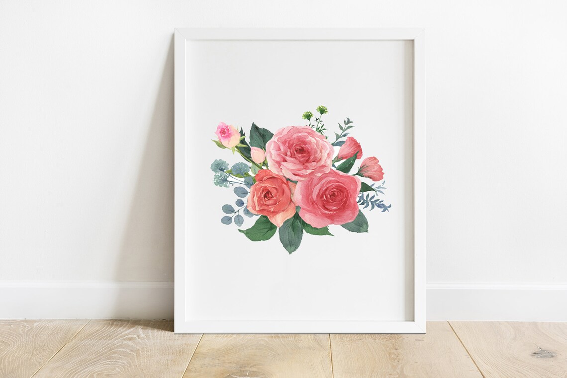 Blush Pink Roses Watercolor Bouquet Romantic Floral Wall Art