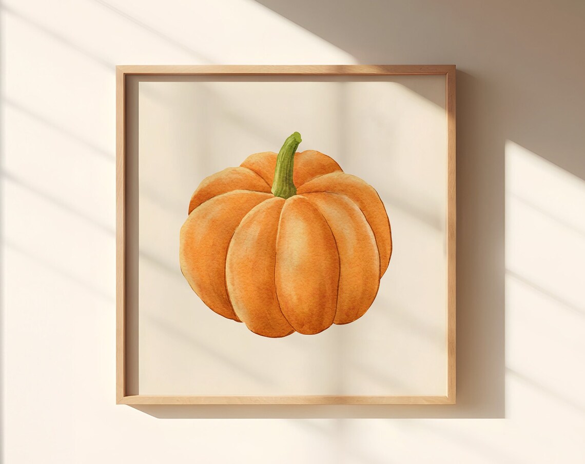 Watercolor Orange Pumpkin With Tall Green Stem Fall Art Poster