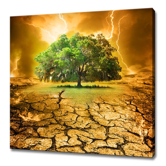 Lightning Over Green Oak Tree On Top Of The Hill Landscape Modern Design Home Decor Print Wall Art Picture
