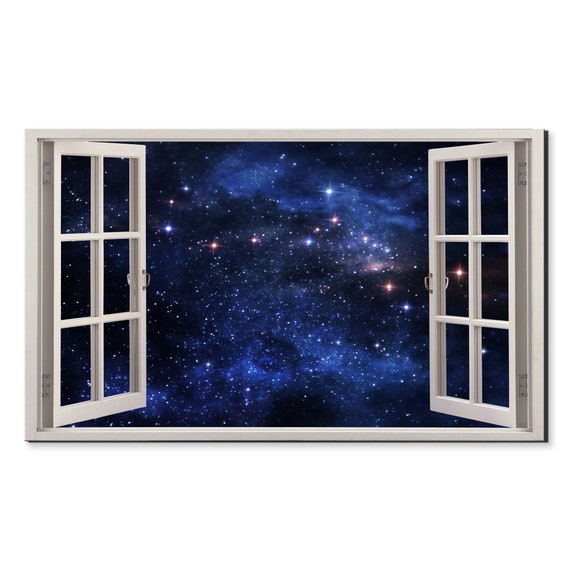 Beautiful Blue Deep Space Nebulae Stars Window View Window Frame Style Modern Design Home Decor Print Wall Art Picture Ready To Hang