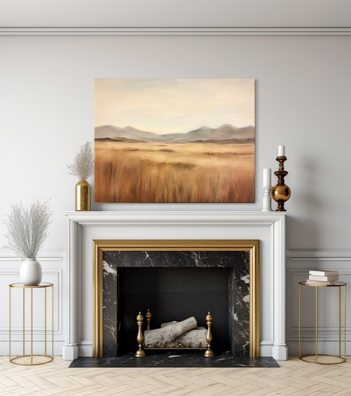 Vintage Country Landscape Autumn Grass Field Mountains Muted Moody Painting Style Print Farmhouse Decor Art Neutral Nature Picture - Image 3