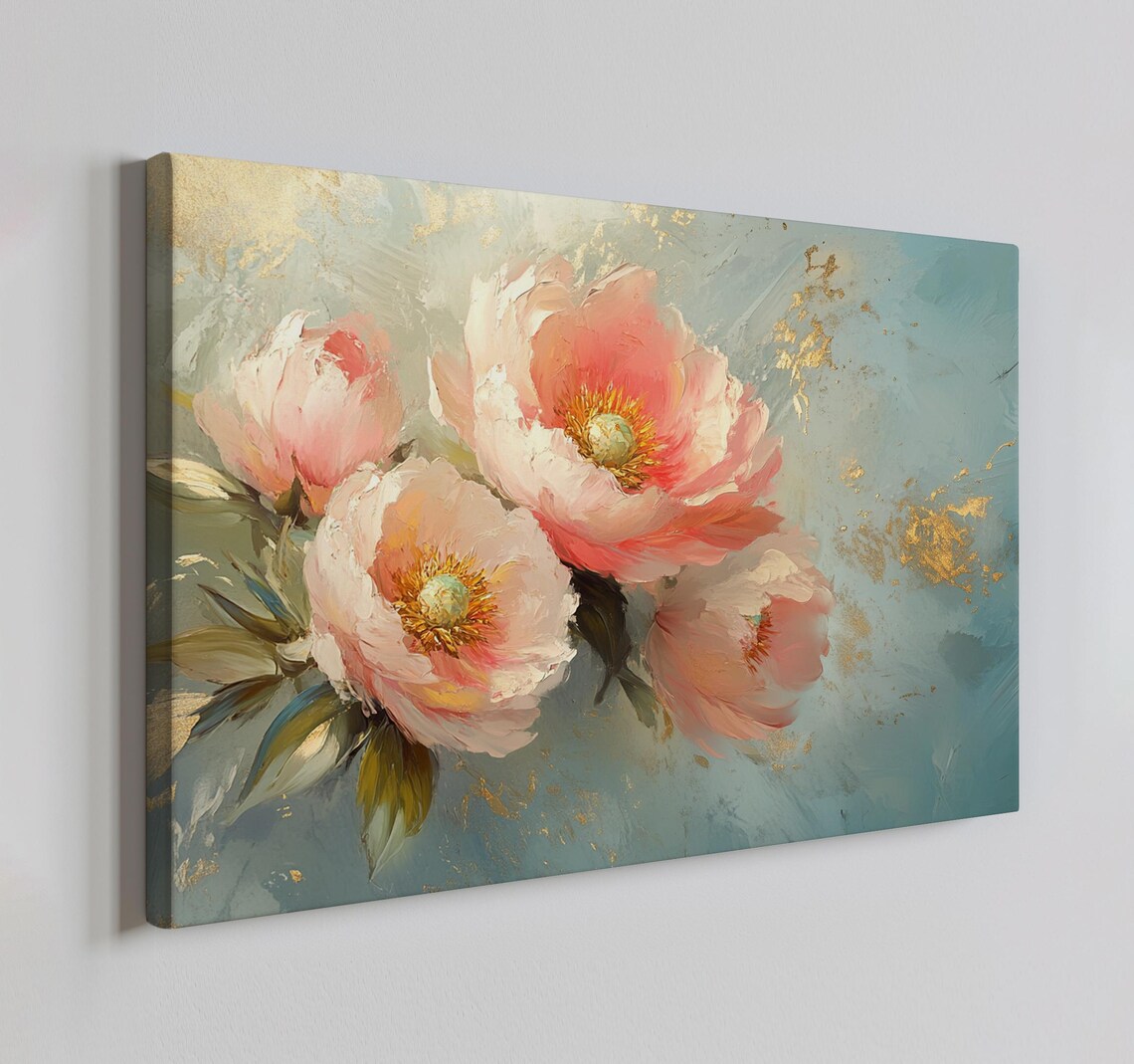 Blush Pink Peonies Gold Leaf Accents Teal Painterly Floral Art Poster