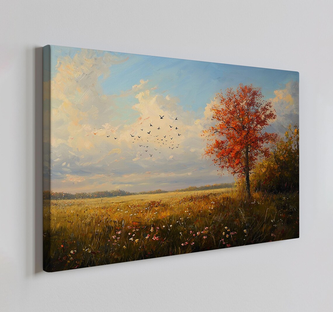 Autumn Meadow With Red Tree And Birds Flying Vintage Art Poster