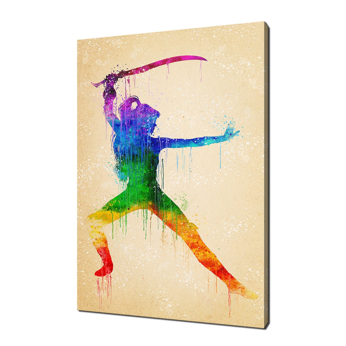 Rainbow Watercolor Female Warrior Raising Sword Silhouette Art Poster