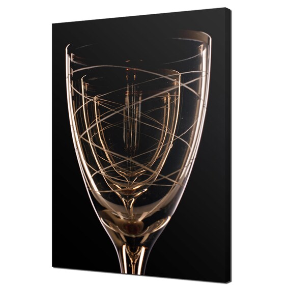 Golden Etched Wine Glass Dramatic Black Background Kitchen Decor Wall Art Print