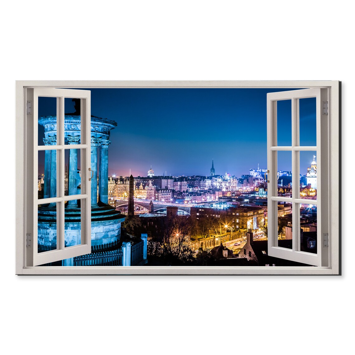 Edinburgh Scotland Night City Lights Calton Hill Open Window Poster