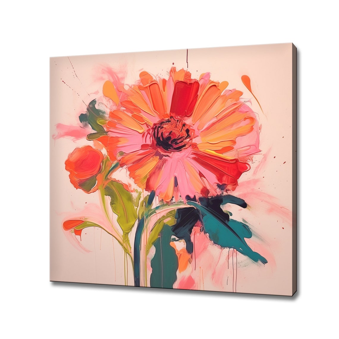 Coral Red Gerbera Daisy Abstract Floral Impasto Painting Wall Art