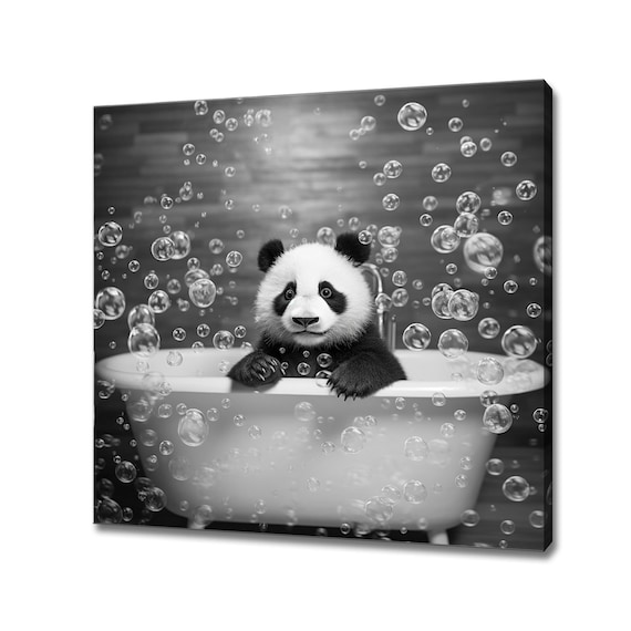 Cute Baby Panda In A Bubble Bath Black And White Nursery Wall Art