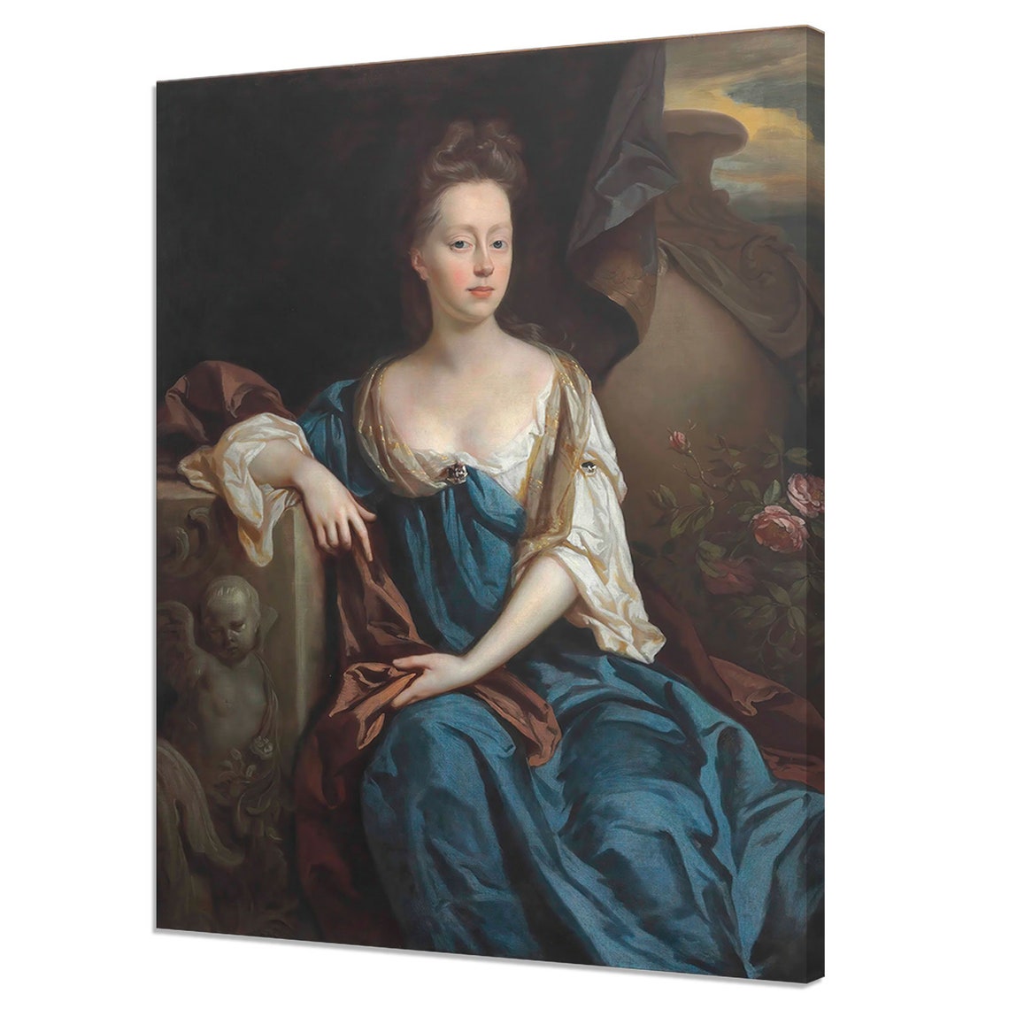 Elegant Lady In Blue Dress Vintage Painting Print Baroque Antique Female Portrait Beautiful Romantic Vintage Fine Art Print