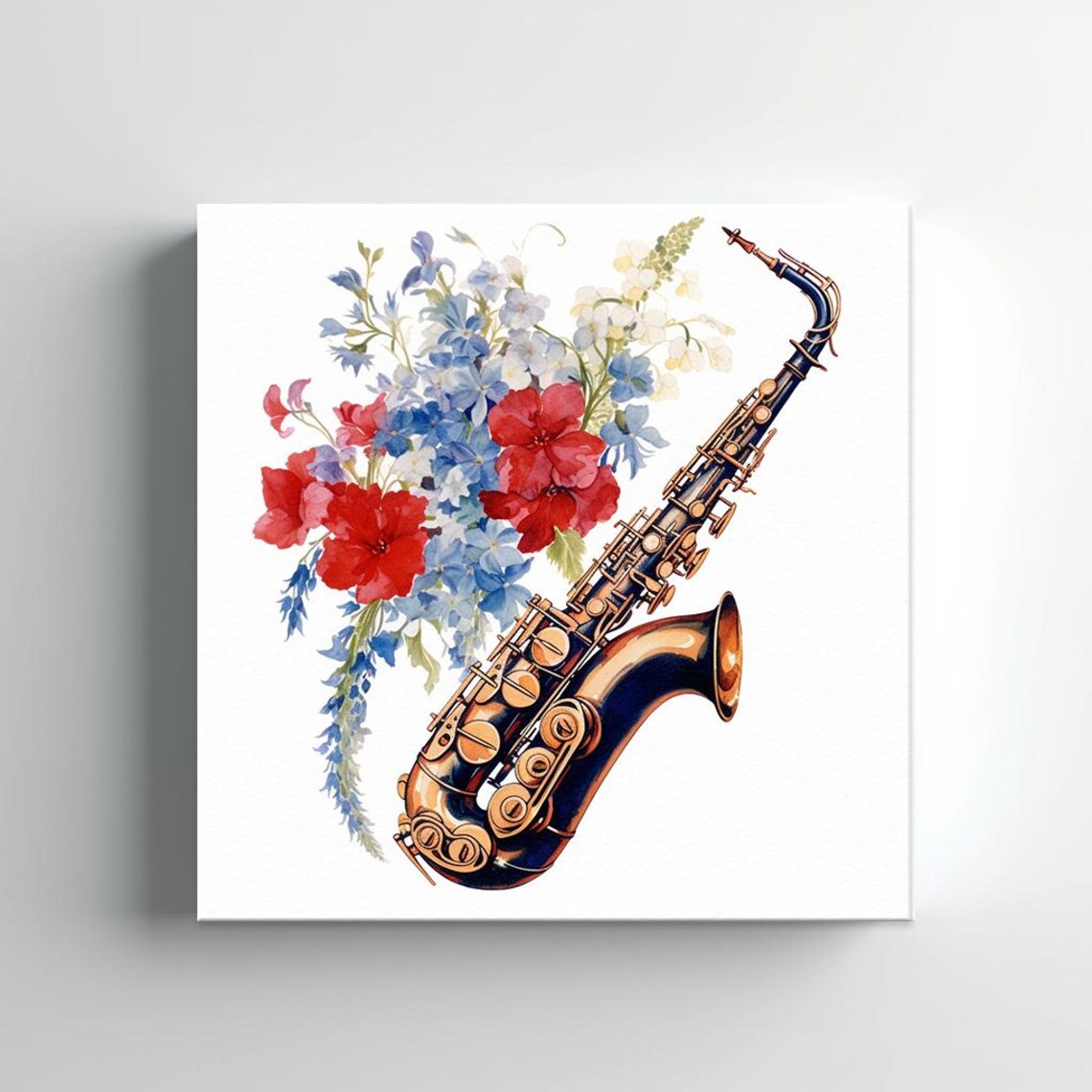 Saxophone Watercolor Blue Red Floral Jazz Music Instrument Art Poster - Image 2