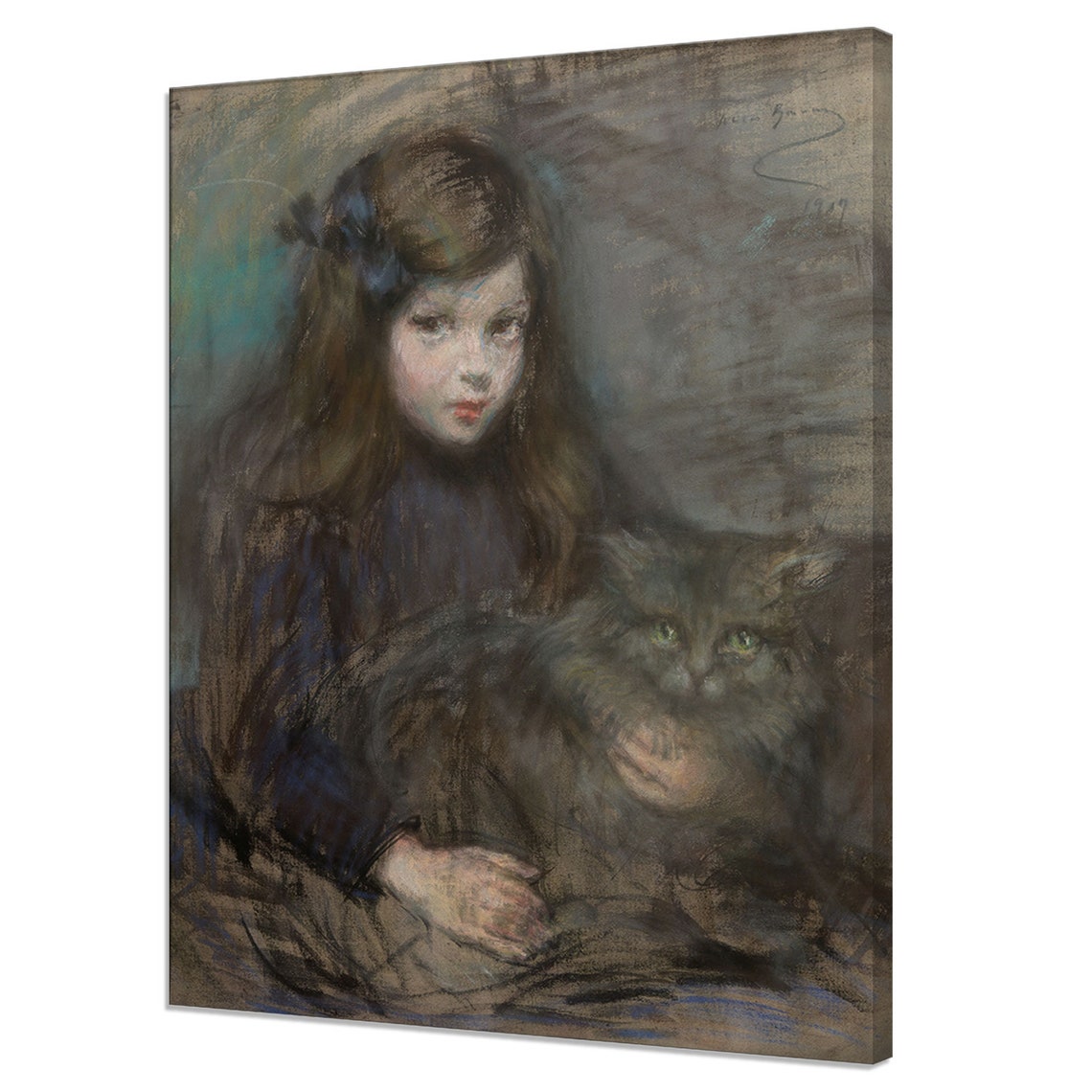 Beautiful Girl With A Cat Vintage Painting Print Antique Girl Portrait Fine Art Girl Portrait Vintage Print Antique Portrait