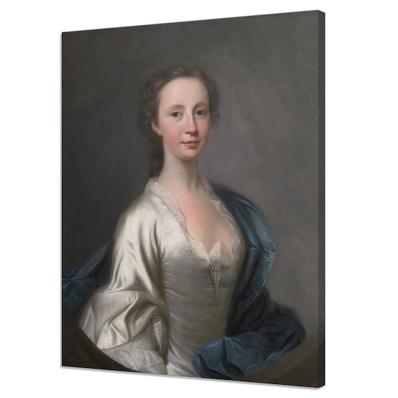 Rococo Lady White Silk Gown Blue Wrap Antique Portrait Print