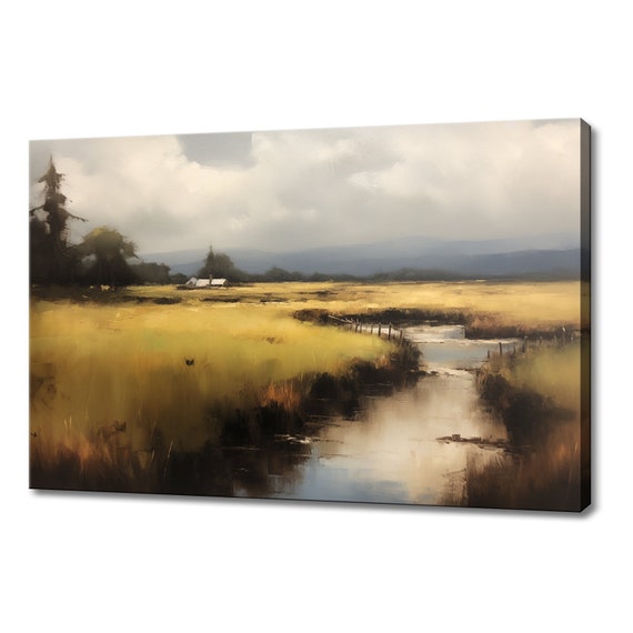 Countryside River By The Cottage Vintage Painting Style Print Farmhouse Decor Art Nature Picture Wall Hanging Fine Art Print