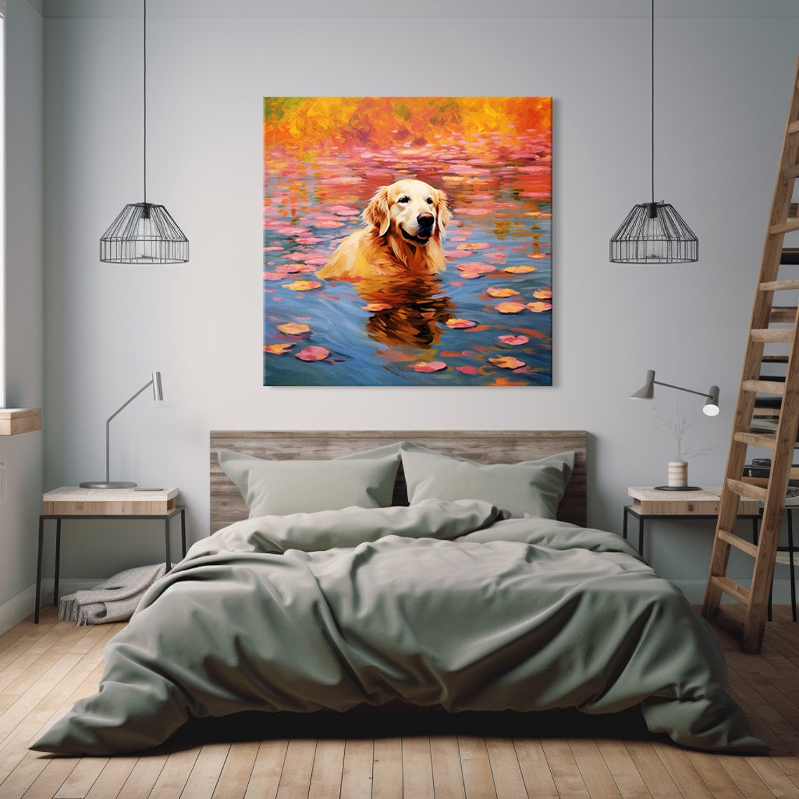 Golden Retriever Dog In The Pond Print Gift For Golden Retriever Dog Lover Colourful Dog Portrait Painting Print Dog Pet Wall Art - Image 2
