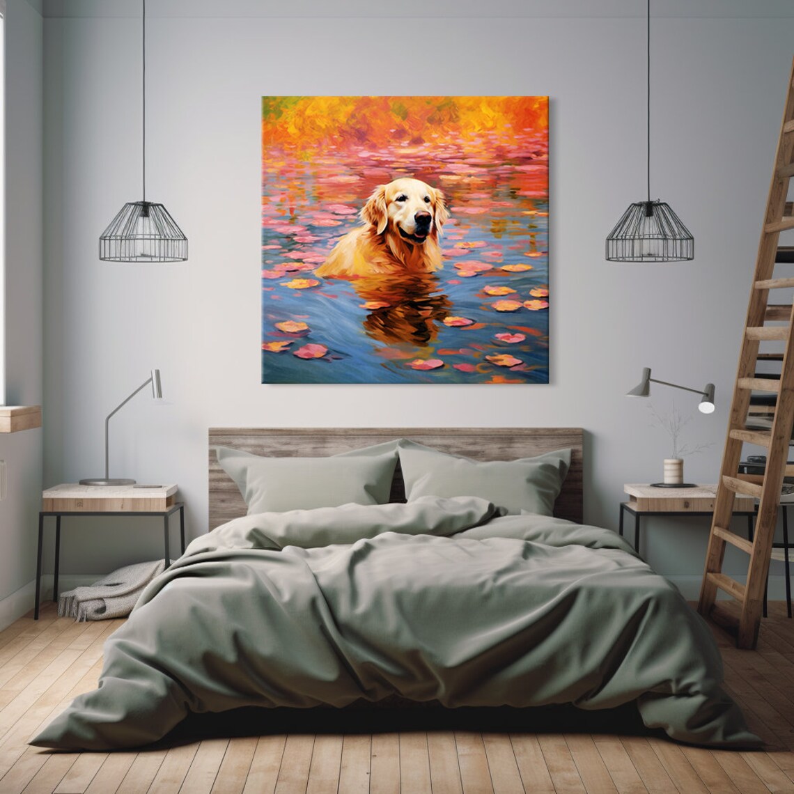 Golden Retriever Dog Swimming In A Sunset Pond Water Lily Poster - Image 2
