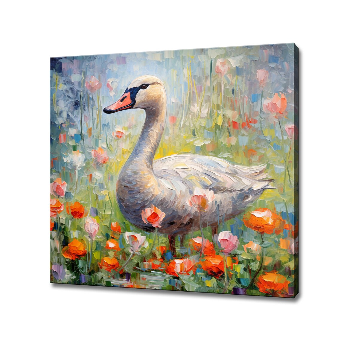 White Swan Orange Tulips Spring Flowers Colourful Bird Painting Poster