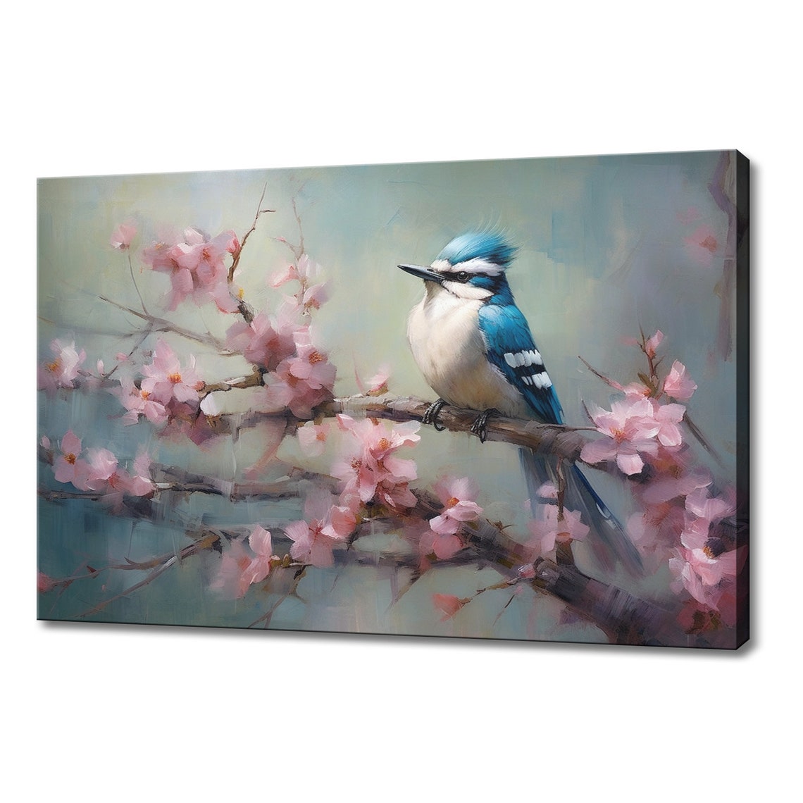 Small Blue White Jay Bird Cherry Blossom Branch Misty Teal Poster