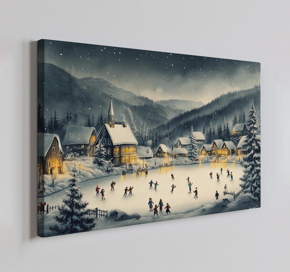 Ice Skating In Snowy Christmas Village Vintage Painting Style Print Farmhouse Decor Art Nature Picture Wall Hanging Fine Art Print