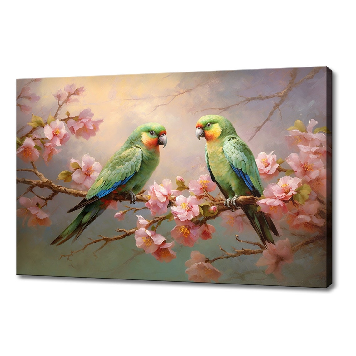 Two Green Parrots Facing Each Other On Cherry Blossom Branch Poster