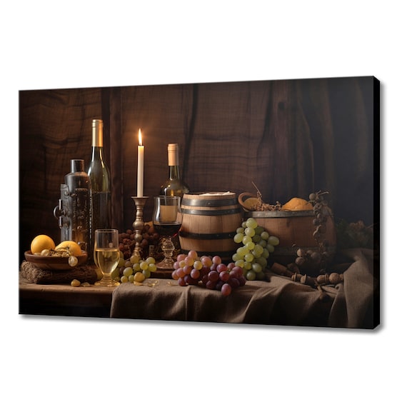 Vintage Wine Bottles Glasses Grapes And Candle Dark Rustic Still Life Poster