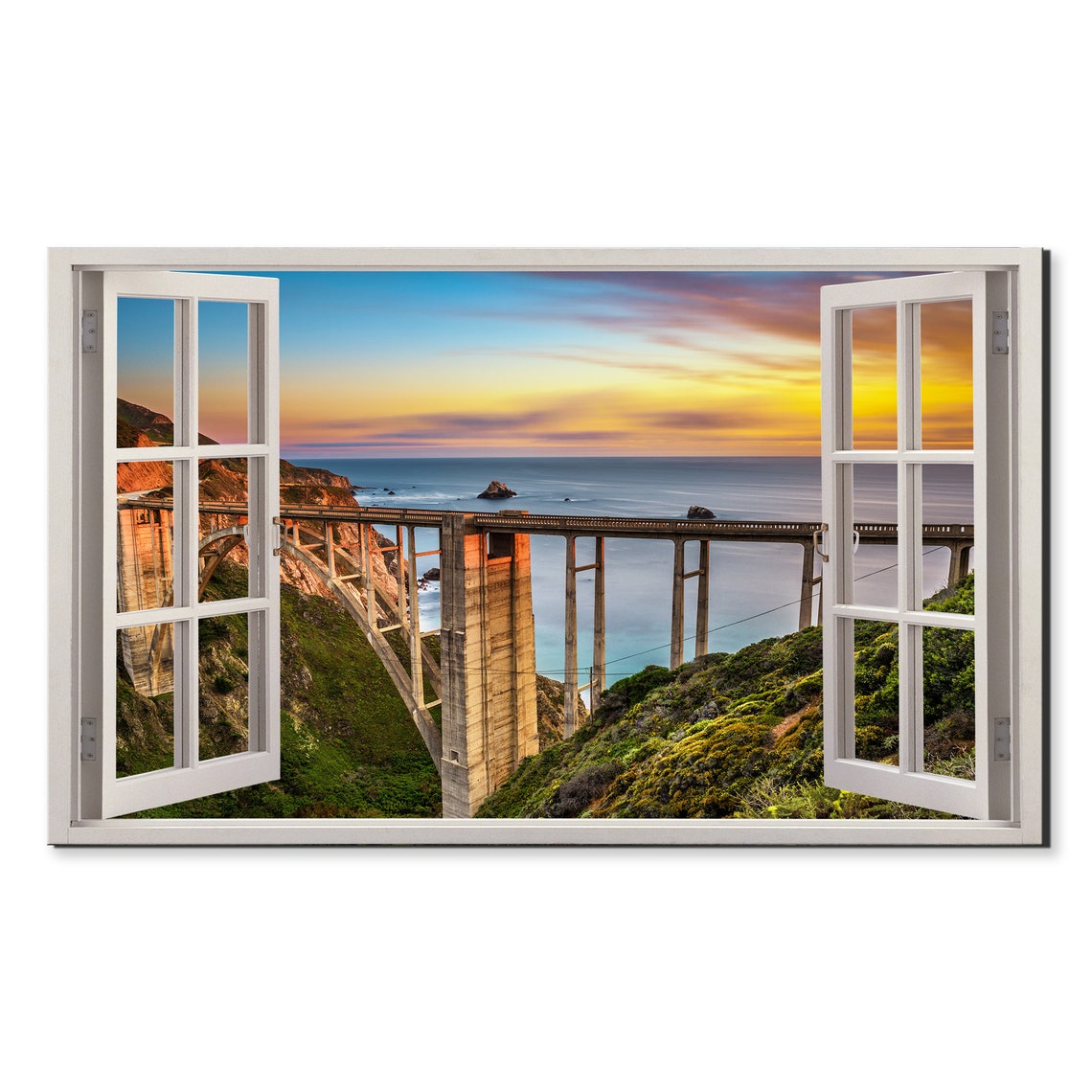 Sunset Over Rocky Creek Bridge Window View Window Frame Style Modern Design Home Decor Print Wall Art Picture Ready To Hang