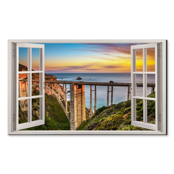 Sunset Over Rocky Creek Bridge Window View Window Frame Style Modern Design Home Decor Print Wall Art Picture Ready To Hang