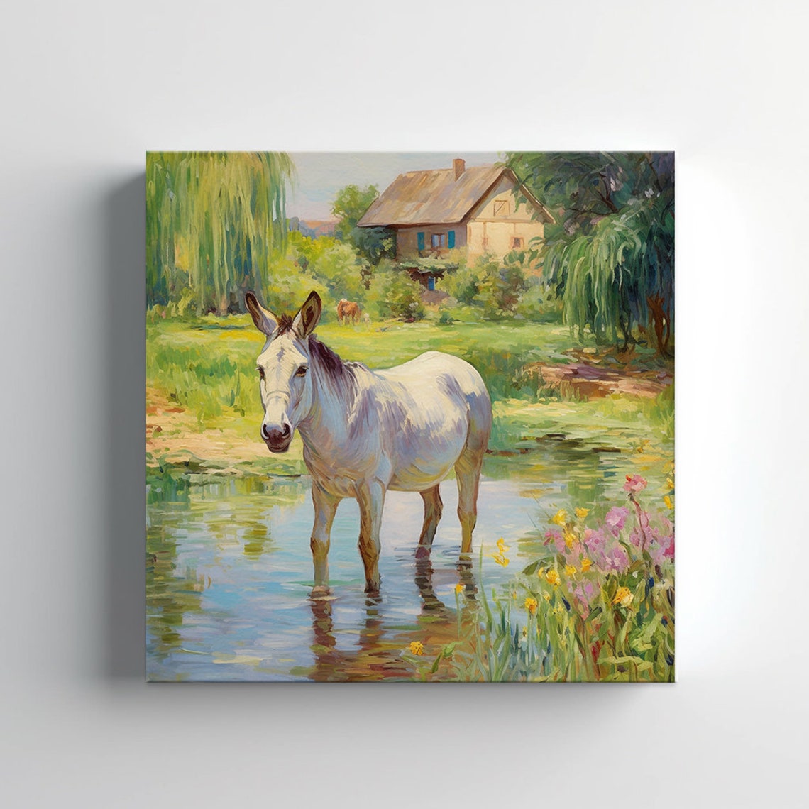 White Donkey Standing In Pond Farmhouse Countryside Wall Print - Image 3