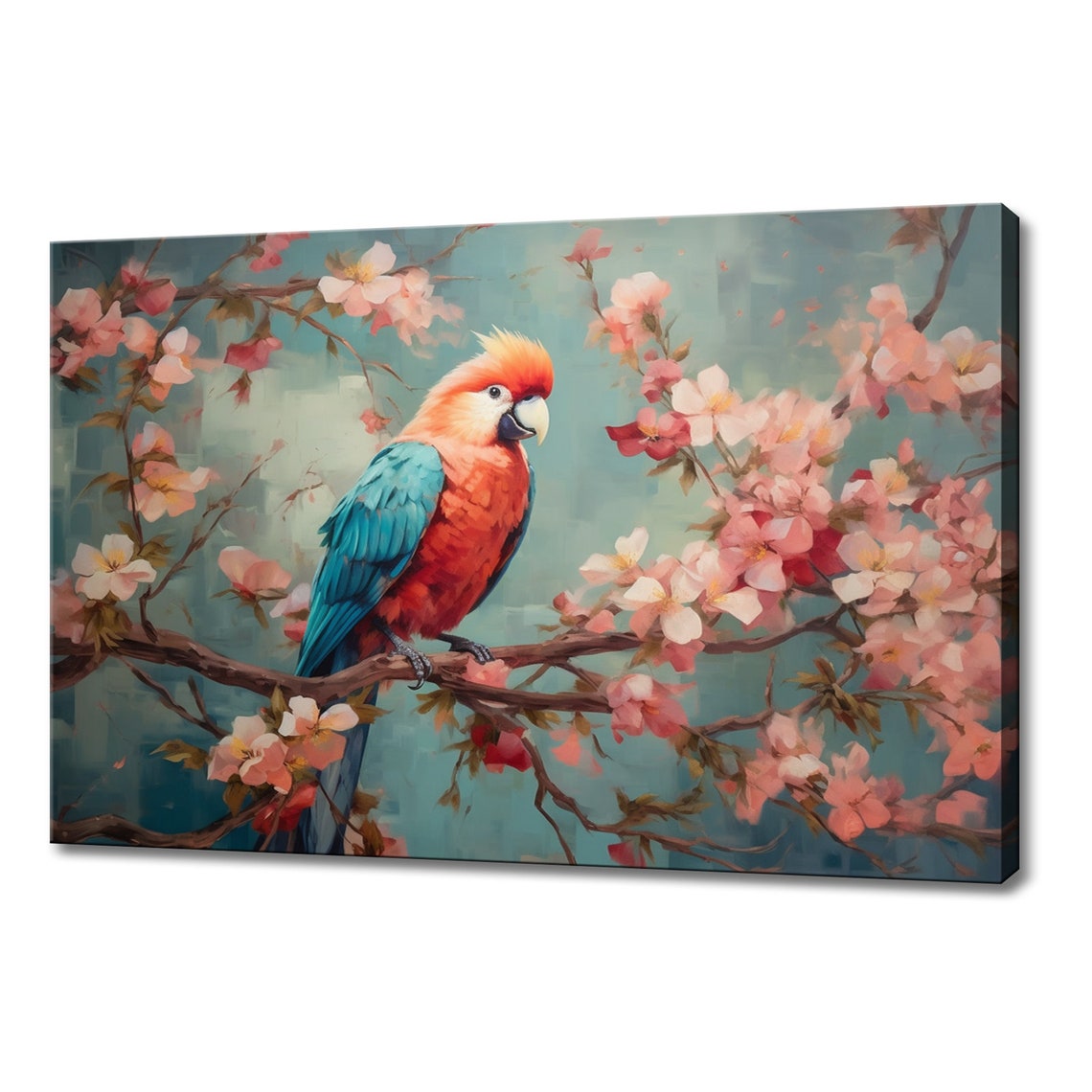 Small Coral Orange Blue Parrot Cherry Blossom Branch Teal Art Poster