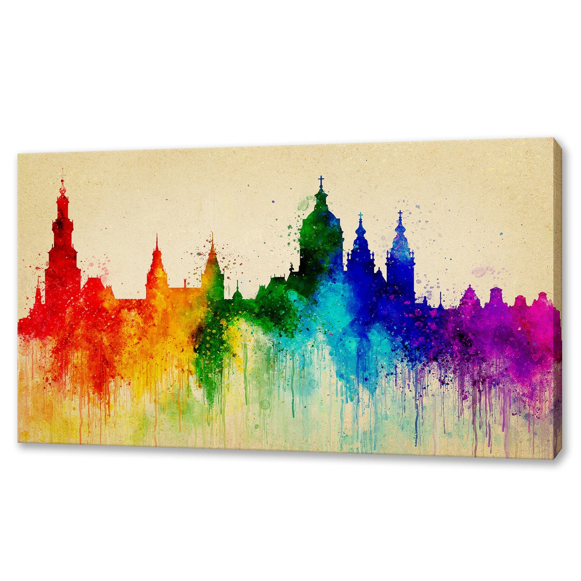 Amsterdam Skyline Rainbow Watercolor Landmarks Dutch City Poster