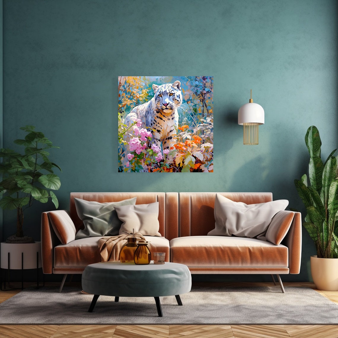 Snow Leopard Among Pink Blossoms Autumn Foliage Wild Art Print - Image 2