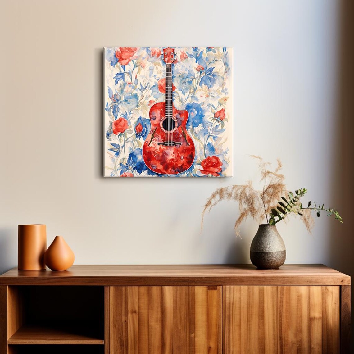 Red Acoustic Guitar Watercolor With Blue Red Floral Music Art Poster - Image 2