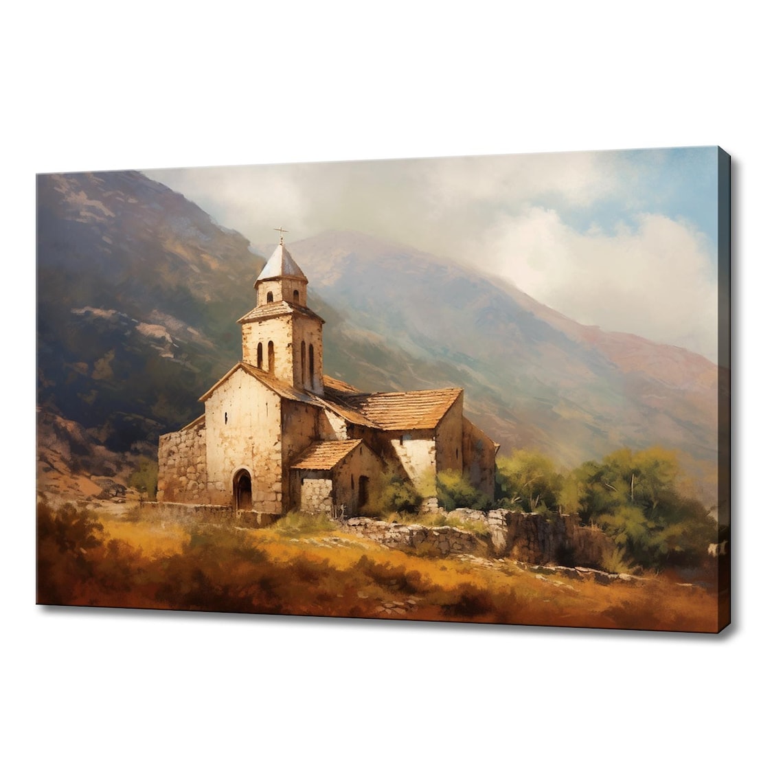 Ancient Stone Church In Mountain Valley Rustic Countryside Art Poster